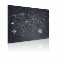 Schilderij - Wereldkaart - Reis rond de Wereld, Krijtbord Look, Zwart-Wit , wanddecoratie , premium print op canvas - thumbnail