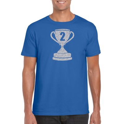 Zilveren kampioens beker / nummer 2 t-shirt / kleding blauw heren Zilveren kampioens beker / nummer 2 t-shirt / kleding blauw heren