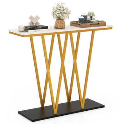 Gouden Haltafel 100 cm Moderne Consoletafel met Imitatiemarmeren Blad Geometrische Tafel Achter de Bank met Opbergruimte