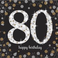 16x stuks 80 jaar verjaardag feest servetten zwart met confetti print 33 x 33 cm - thumbnail