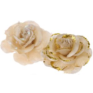 2x stuks decoratie bloemen rozen goud op clip 9 cm