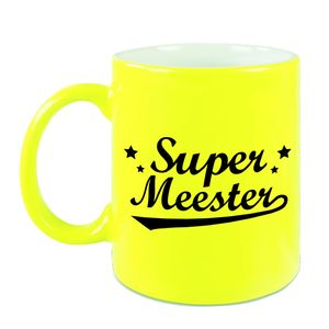 Super meester beker / mok neon geel 330 ml - Meesterdag/einde schooljaar cadeau   -