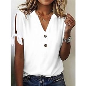 Dames T-shirt Geklede topjes Modaal Effen Kleur nappi Uitknippen Strik Casual Dagelijks Basic Korte mouw Gekerfde nek Wit Zomer Lente Lightinthebox