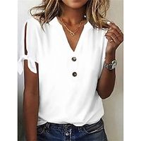 Dames T-shirt Geklede topjes Modaal Effen Kleur nappi Uitknippen Strik Casual Dagelijks Basic Korte mouw Gekerfde nek Wit Zomer Lente Lightinthebox