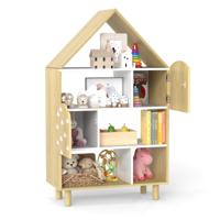 Kinderboekenkast in Huisvorm met 2 Deuren en Massieve Houten Poten 4 Niveaus Natuurlijk