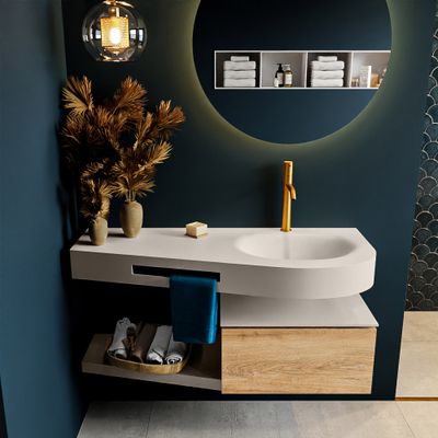MONDIAZ RIVA 120cm badmeubel onderkast / planchet kleur Washed_Oak met 1 lade. Wastafel DULCET rechts 1 kraangat kleur Linen. MONDIAZ RIVA 120cm badmeubel onderkast / planchet kleur Washed_Oak met 1 lade. Wastafel DULCET rechts 1 kraangat kleur Linen.