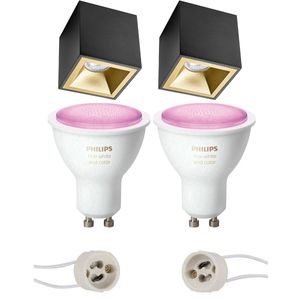 Pragmi Cliron Pro - Opbouw Vierkant - Mat Zwart/Goud - Verdiept - 90mm - Philips Hue - Opbouwspot Set GU10 - White and Color Ambiance - Bluetooth