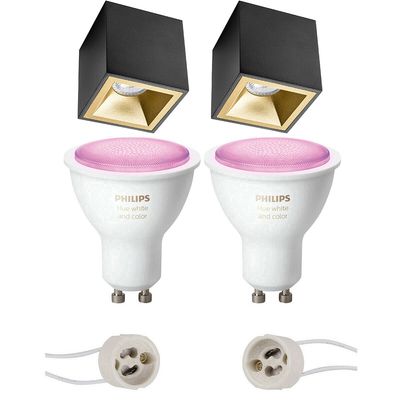 Pragmi Cliron Pro - Opbouw Vierkant - Mat Zwart/Goud - Verdiept - 90mm - Philips Hue - Opbouwspot Set GU10 - White and Color Ambiance - Bluetooth