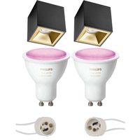 Pragmi Cliron Pro - Opbouw Vierkant - Mat Zwart/Goud - Verdiept - 90mm - Philips Hue - Opbouwspot Set GU10 - White and Color Ambiance - Bluetooth