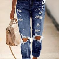 Women's Ripped Straight-Leg Mom Fit Jeans | High-Waisted Blue Denim S