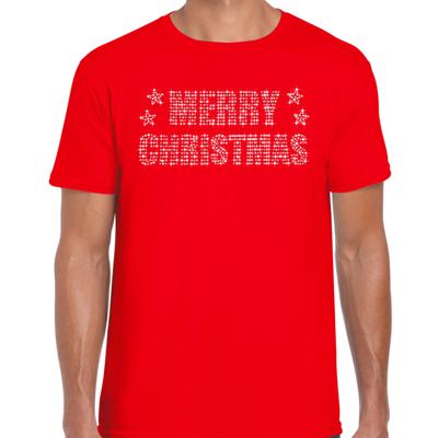 Glitter kersttrui t-shirt - rood - voor heren - Merry Christmas - glitter steentjes
