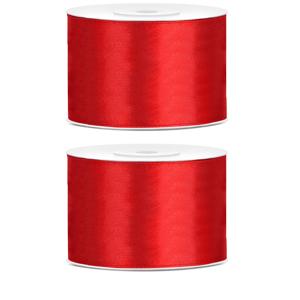 Satijn sierlint/cadeaulint - 2x - rood - 5 cm x 25 meter - Inpakken - Versieren - Decoratie