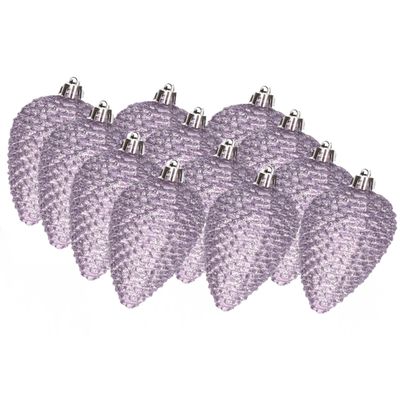 12x stuks kunststof glitter dennenappels kersthangers heide lila 8 cm