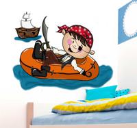 Sticker jongen piraat rubberboot - thumbnail
