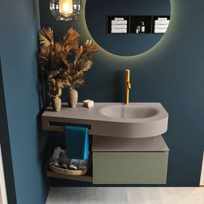 MONDIAZ RIVA 100cm badmeubel onderkast / planchet kleur Army met 1 lade. Wastafel DULCET rechts 1 kraangat kleur Smoke. MONDIAZ RIVA 100cm badmeubel onderkast / planchet kleur Army met 1 lade. Wastafel DULCET rechts 1 kraangat kleur Smoke.