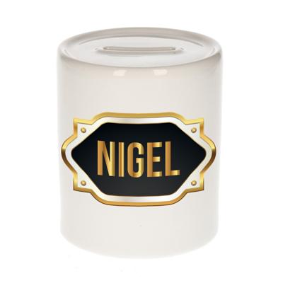 Spaarpot met voornaam Nigel - wit - goud/zwart embleem - 8 x 9 cm - keramiek - afsluitdop