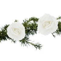 2x stuks kerstboom decoratie bloemen roos wit glitter op clip 18 cm