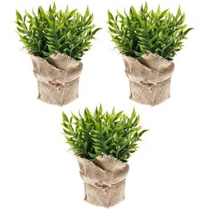 Emerald Kunstplant - 3x - Muizendoorn Kruidenplant - Groen - In Jute Pot - 20 cm