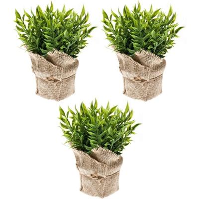 Emerald Kunstplant - 3x - Muizendoorn Kruidenplant - Groen - In Jute Pot - 20 cm