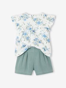 Feestelijk setje voor meisjes blouse met ruches en short van katoengaas blauw, bedrukt