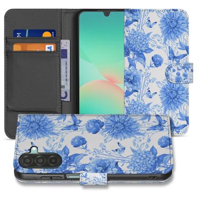 Samsung Galaxy A17 Portemonnee Hoesje Blauw Bloemen PU-Leer 3 Pasjes