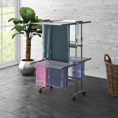 Droogrek 2-laags met wieltjes 60x70x106 cm zilverkleurig