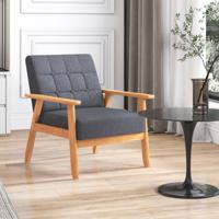 Mid-Century Moderne Accentstoel met Knopen Beklede Fauteuil met Ademende Linnen Stof en Massief Rubberwood Frame Grijs