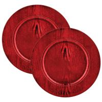 Diner/kerstdiner onderborden - 2x st - hout look - rood - kunststof - D33 x H2 cm- rond