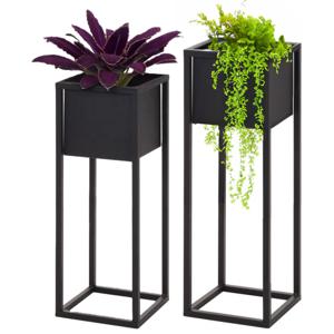 Plantenpotten set 2x stuks - zwart - op metalen standaard - 60 en 70 cm hoogte