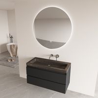 Fontana Freestone badkamermeubel mat zwart 100cm met natuurstenen wastafel zonder kraangat en ronde spiegel