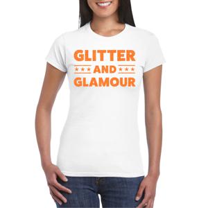 Bellatio Decorations Verkleed T-shirt dames - glitter and glamour - wit - oranje glitter - carnaval 2XL  -