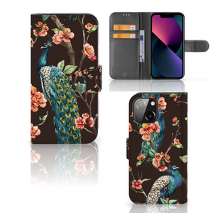 iPhone 13 Mini Telefoonhoesje met Pasjes Pauw met Bloemen