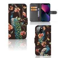 iPhone 13 Mini Telefoonhoesje met Pasjes Pauw met Bloemen - thumbnail