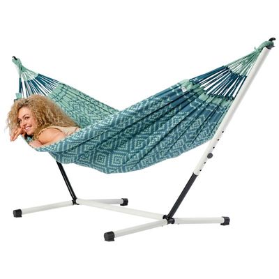 Eenpersoons hangmat met metalen standaard - 300x140cm - Groen - 120kg draagkracht- 100% katoen - binnen & buiten