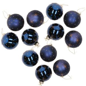 Kerstballen - 12x st - blauw - D6 cm - glas - gedecoreerd - luxe