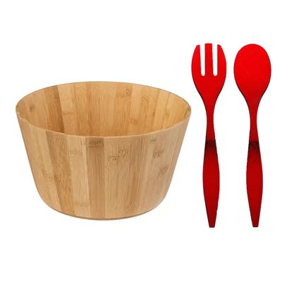 Grote Salade schaal met rood sla couvert - bamboe - lichtbruin - serveerschaal - D30 x H16 cm