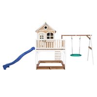 AXI Liam Speelhuis op palen, zandbak, nestschommel & blauwe glijbaan Speelhuisje voor de tuin / buiten in bruin & wit - thumbnail