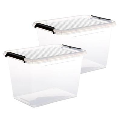 5Five opberg kist met deksel - 2x - Clip Box - 19 liter - 39 x 29 x 27 cm - kunststof - transparant