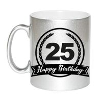 Happy Birthday 25 years zilveren cadeau mok / beker met wimpel 330 ml - thumbnail