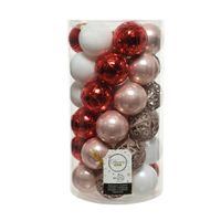 Decoris kerstballen - 37x st - lichtroze/rood/wit - 6 cm - kunststof   - - thumbnail
