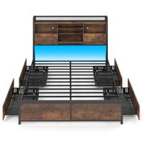 Bedframe met Ledverlichting en Oplaadstation Industrieel Platformbed met Opbergbaar Hoofdeinde en 4 Lades Geruisloze Matrasbodem met Metalen Latten-160 cm