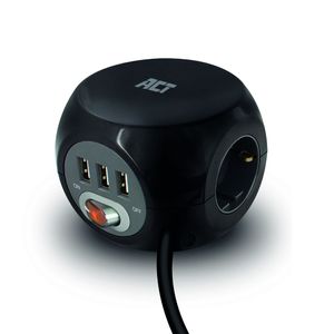 ACT AC2400 Stekkerdoos | Kubus | 3 Sockets | 3x USB-A | Zwart | 1,5 meter