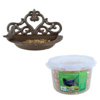 Wand vogel voederbak/drinkbak gietijzer 24 cm inclusief 4-seizoenen mueslimix vogelvoer