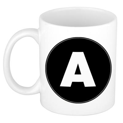Koffie mok met de letter A - beker - zwart - eerste letter van een voornaam - wit - 300 ml
