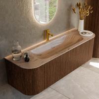 Badmeubel Mondiaz Kurve-Dlux | 150 cm | Meubelkleur Walnut | Wastafelkleur Arena | Solid surface | Wasbak midden spoelbak | 1 kraangat