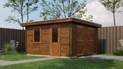 Lugarde Select Groenlo Blokhut met garagedeur 400x400 cm 44 mm vuren keteldruk bruin geïmpregneerd- Plat dak- - Lugarde Select