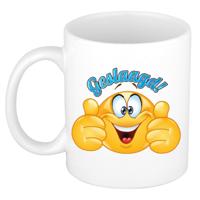 Cadeau koffie/thee mok - duim omhoog smiley - geslaagd - blauw - 300 ml - keramiek