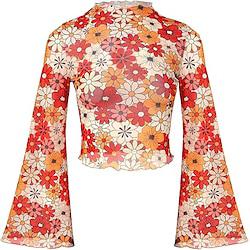 Jaren '70 outfits voor dames bell mouw tops disco outfit bloemen mock hals mesh top Lightinthebox