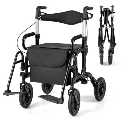 Rollator met Luchtbanden en Zitting 2-In-1 Rolstoel en Reisrollator Loophulp 6-Voudig in Hoogte Verstelbaar Loopwagen met Tas en Stokhouder