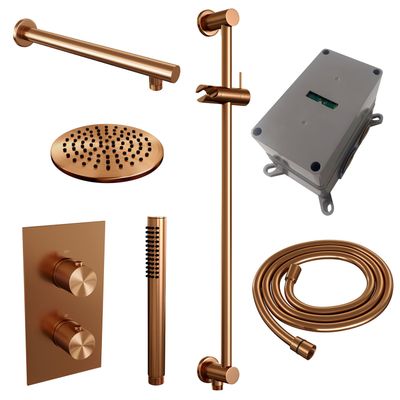 Regendoucheset Inbouw Brauer Copper Carving Thermostatisch 20 cm met 3-Weg Omstelling, Wandarm, Glijstang en Staaf Handdouche Geborsteld Koper Brauer